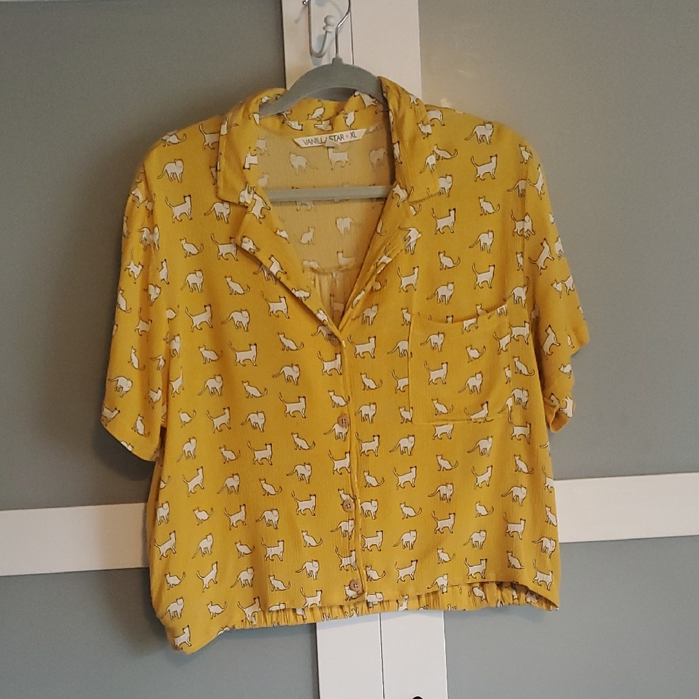 Vanilla Star Yellow Cat Print Shirt